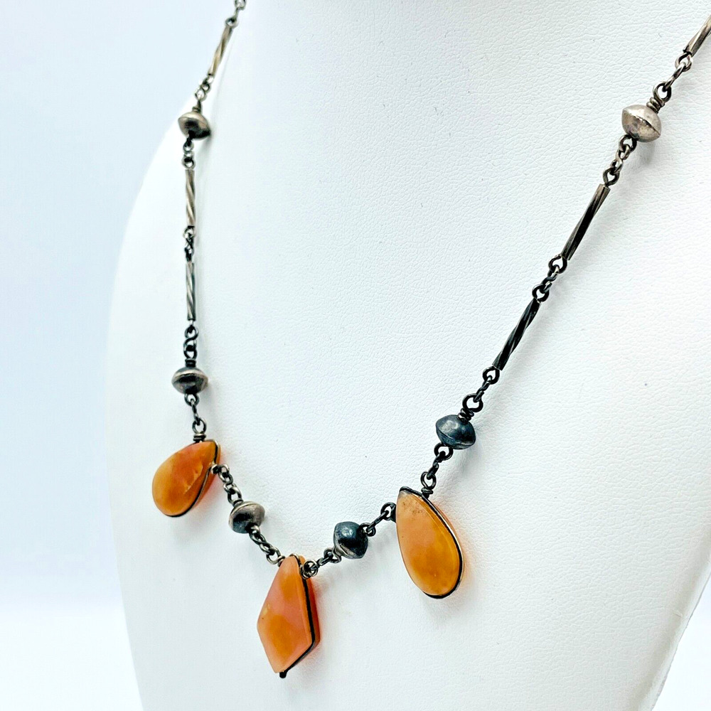 VTG Peachy Pink Nephrite Natural Stone Sterling Silver Link 16" Station Necklace